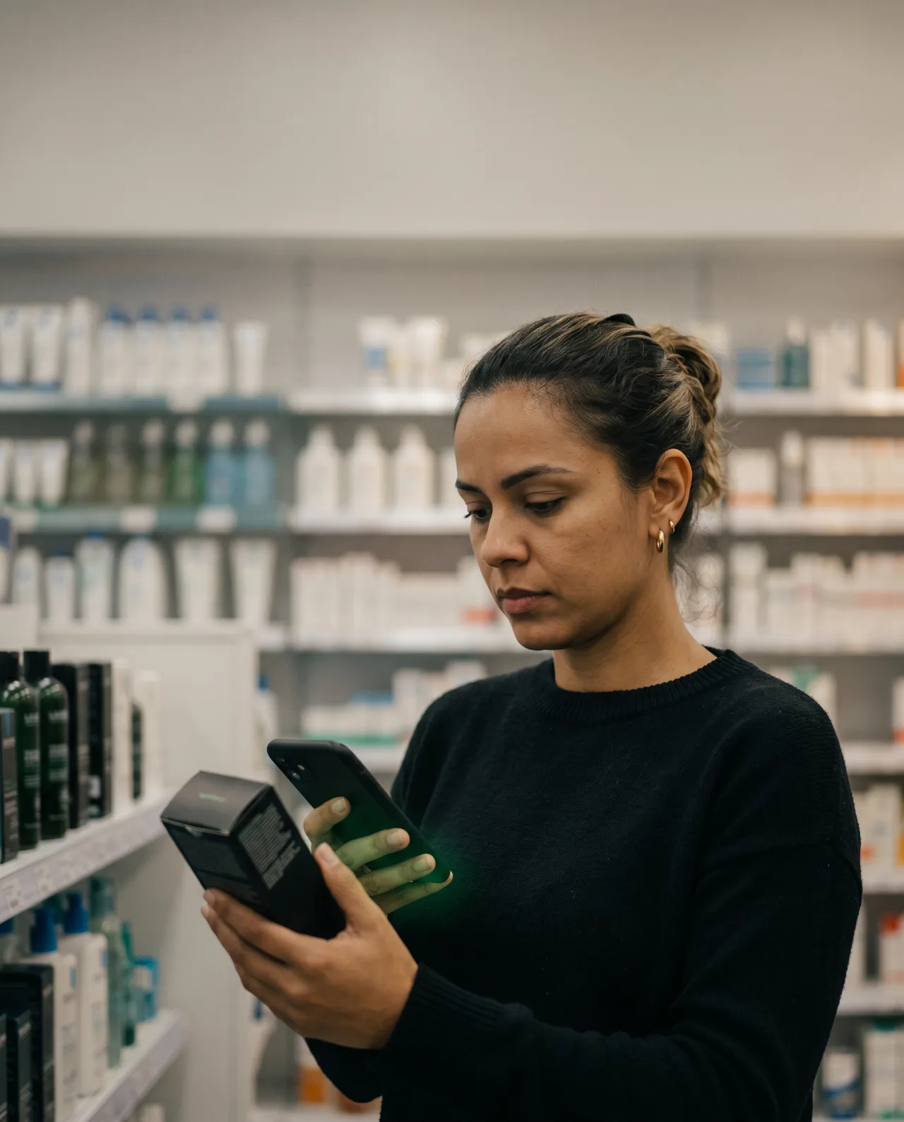 Cliente escaneia embalagem conectada no corredor de dermocosméticos