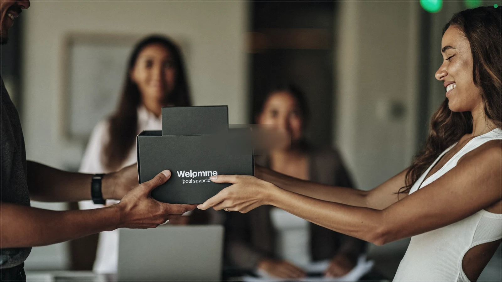 Welcome kit corporativo sendo recebido pela equipe